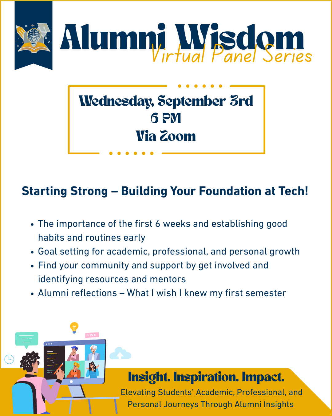 Ad for the 9/3 Alumni Wisdom Series virtual panel